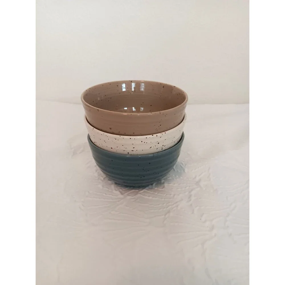 Sango China Artist’s Blend Stoneware Bowls Set of 3 Speckled Blue Tan Cream